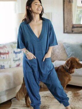 NATURAL LIFE Charlie Teal Blue Deep V-Neck Relaxed Jumpsuit